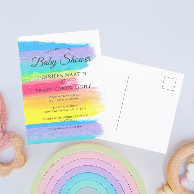 Two Moms Rainbow Beautiful Lesbian Baby Shower Invitation Postcard (Creator Uploaded)