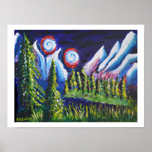 Two moons mountains landscape art poster