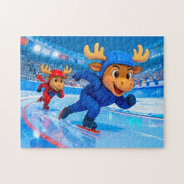 Two Moose Speed Skating on an Icy Track Jigsaw Puzzle (Horizontal)
