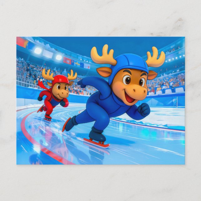 Two Moose Speed Skating on an Icy Track Postcard (Front)