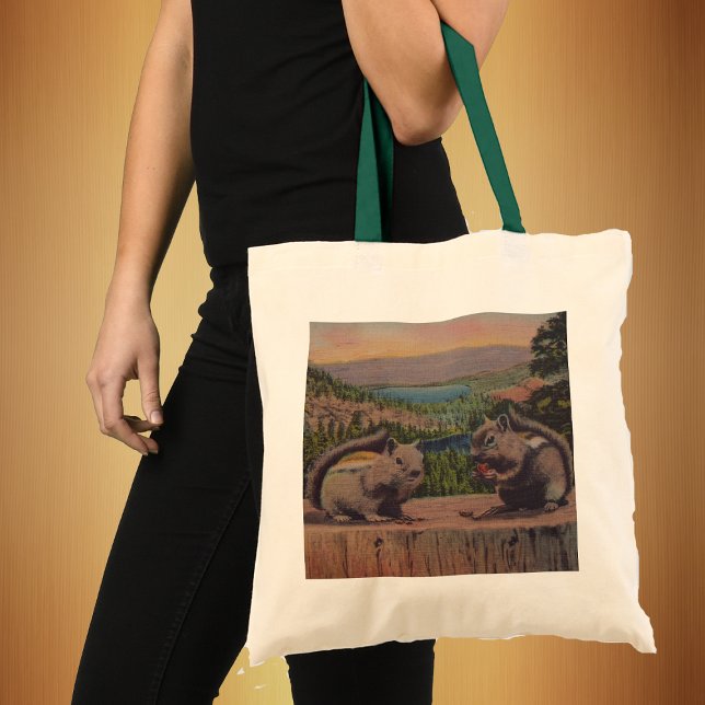 Two Mountain chipmunks on Tree Stump Nuts Tote Bag (Two chipmunks on log with mountains in background on tote bag.)