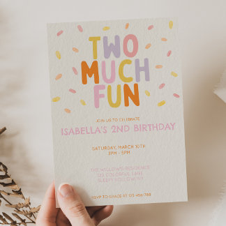 Two Much Fun 2nd Birthday Girl Colourful Confetti Invitation