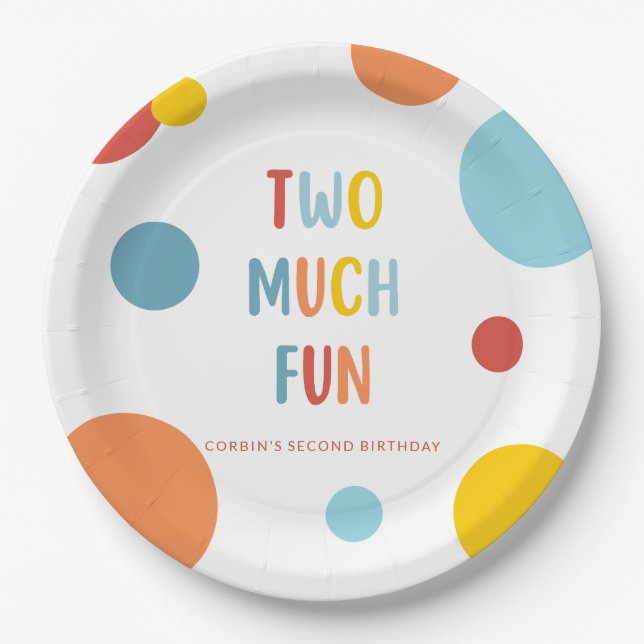 Two Much Fun Colorful 2nd Birthday Party Plates (Front)