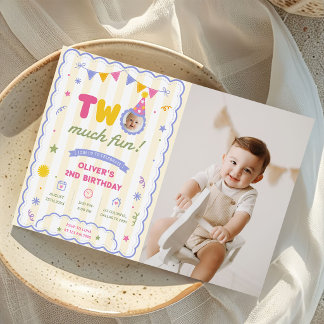 Two much Fun Colourful Photo Boy 2nd Birthday Phot Invitation