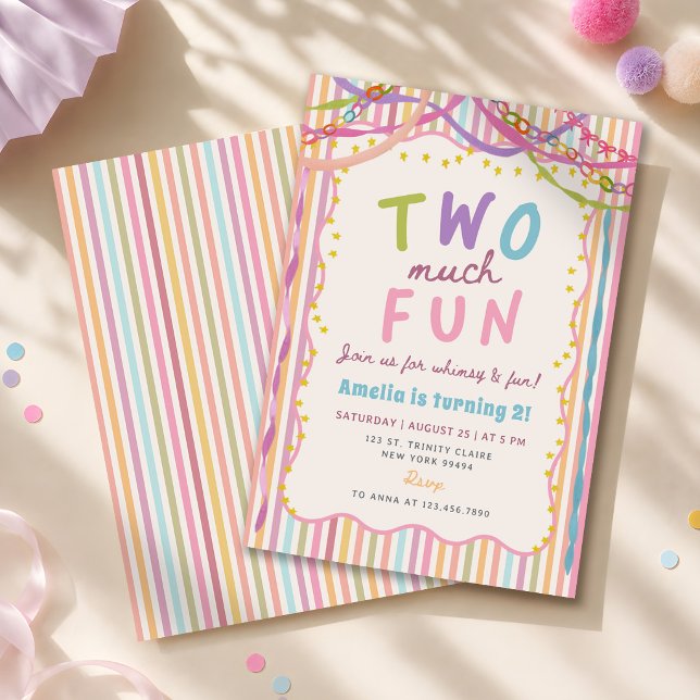 Two much Fun Colourful Striped 2nd Birthday Invitation (Creator Uploaded)