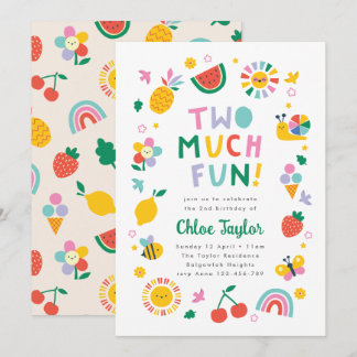 Two Much Fun Invite, Girls Second Birthday  Invitation