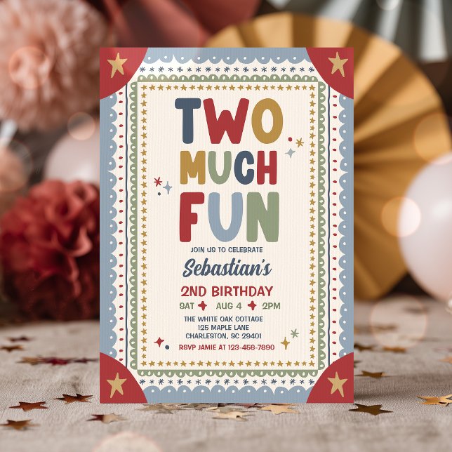 Two Much Fun Whimsical Boy Second Birthday Party Invitation (Creator Uploaded)
