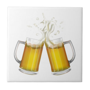 Two mugs with a light beer. ceramic tile