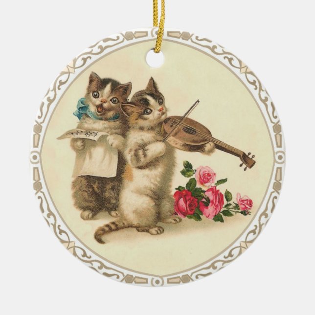 Two Musical Kittens Sing and Play Violin Ceramic Tree Decoration (Front)