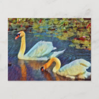 Two mute swans in the water lily pond [Postcard]