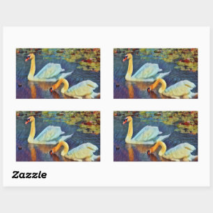 Two mute swans in the water lily  [Rectangle Seal] Rectangular Sticker