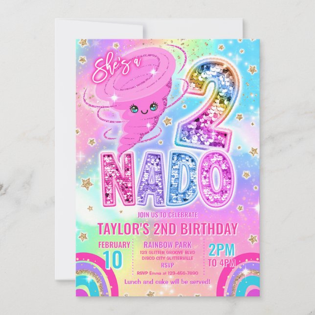 Two Nado Rainbow Glitter 2nd Birthday Party  Invitation (Front)