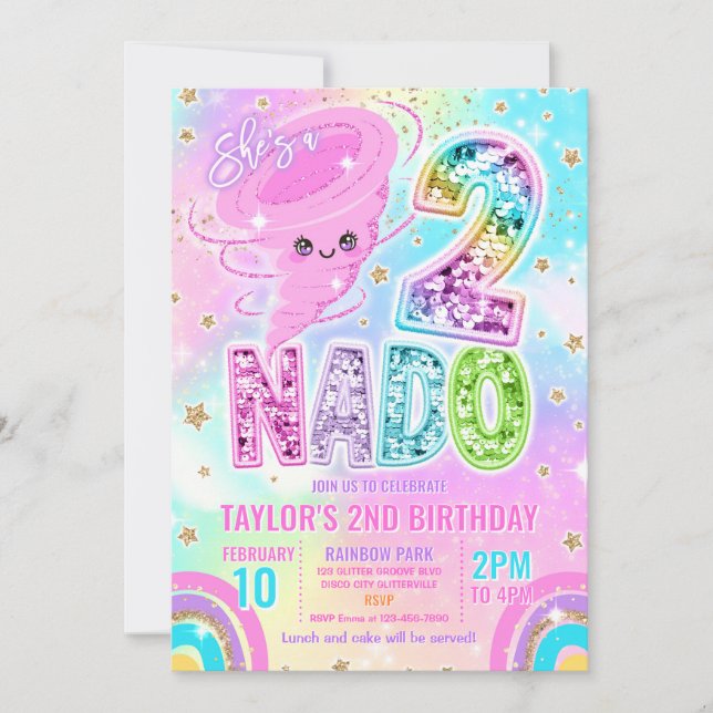 Two Nado Rainbow Glitter 2nd Birthday Party  Invitation (Front)