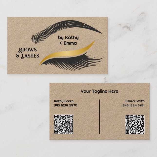 Two Names Brows Lashes QR Kraft Business Card (Front/Back)