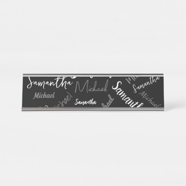 Two names couple pattern monogram black grey white desk name plate (Front)