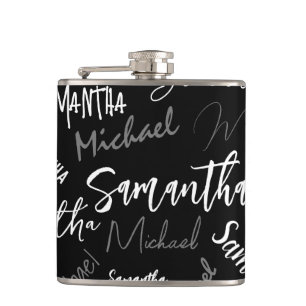 Two names couple pattern monogram black grey white hip flask