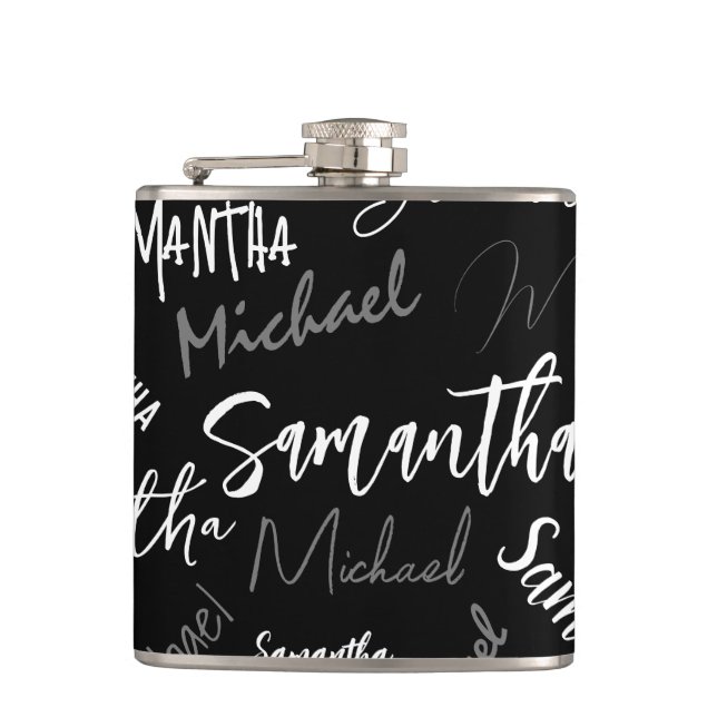 Two names couple pattern monogram black grey white hip flask (Front)