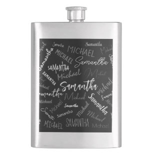 Two names couple pattern monogram black grey white hip flask