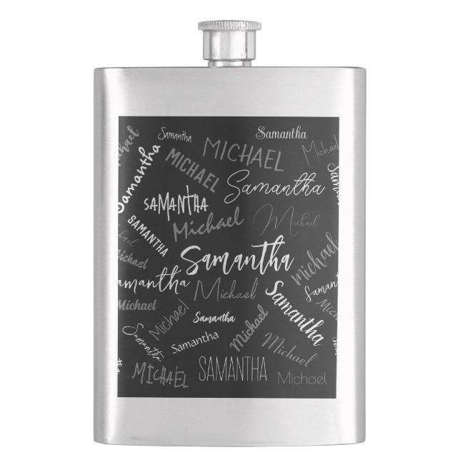 Two names couple pattern monogram black grey white hip flask (Front)