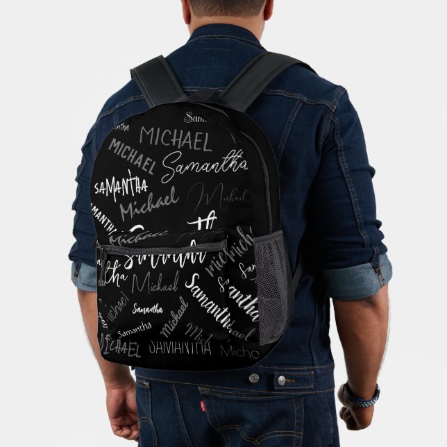 Two names couple pattern monogram black grey white printed backpack (Insitu (Model))
