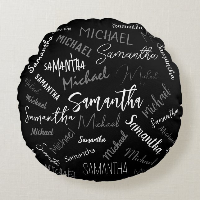 Two names couple pattern monogram black grey white round cushion (Front)