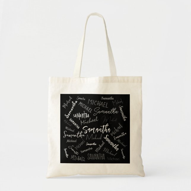 Two names couple pattern monogram black grey white tote bag (Front)