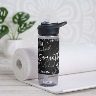 Two names couple pattern monogram black grey white water bottle
