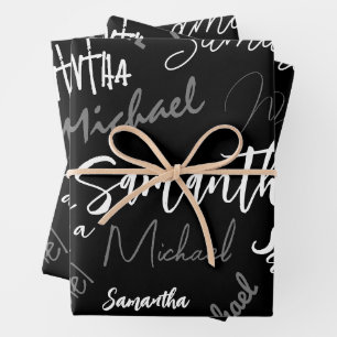 Two names couple pattern monogram black grey white wrapping paper sheet