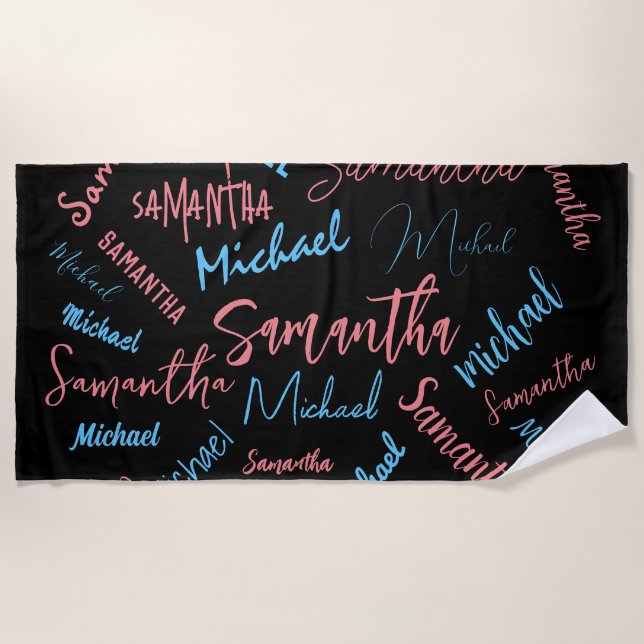 Two names couples pattern monogram blue light pink beach towel (Front)