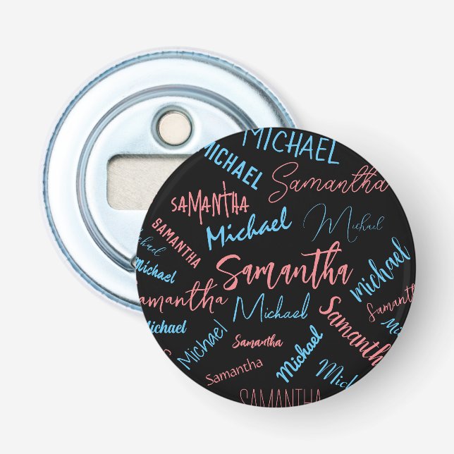 Two names couples pattern monogram blue light pink bottle opener (Front)