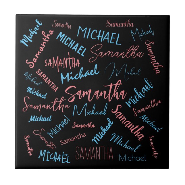 Two names couples pattern monogram blue light pink ceramic tile (Front)