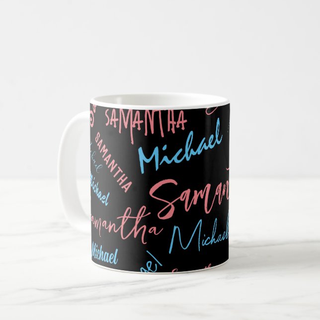 Two names couples pattern monogram blue light pink coffee mug (Front Left)
