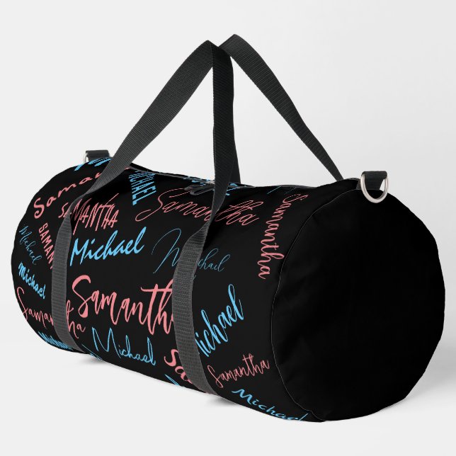 Two names couples pattern monogram blue light pink duffle bag (Left Corner)
