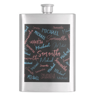 Two names couples pattern monogram blue light pink hip flask