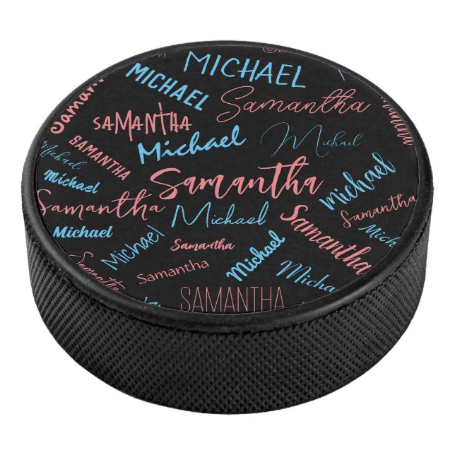 Two names couples pattern monogram blue light pink hockey puck (3/4)