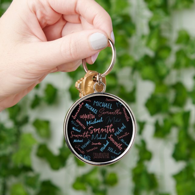 Two names couples pattern monogram blue light pink key ring (Hand)