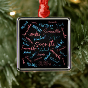 Two names couples pattern monogram blue light pink metal ornament