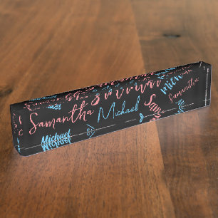 Two names couples pattern monogram blue light pink nameplate
