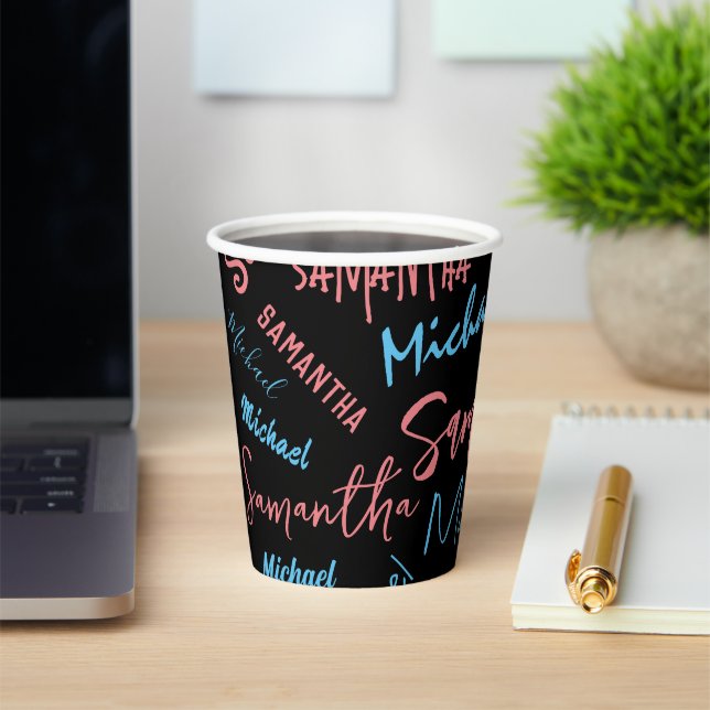 Two names couples pattern monogram blue light pink paper cups (Insitu)