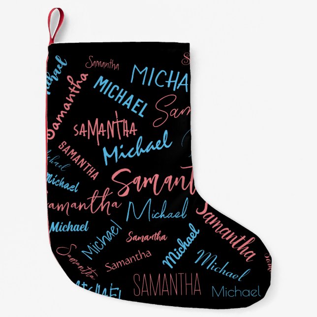 Two names couples pattern monogram blue light pink small christmas stocking (Front)