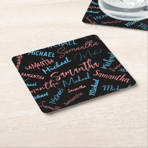 Two names couples pattern monogram blue light pink square paper coaster