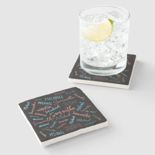 Two names couples pattern monogram blue light pink stone coaster