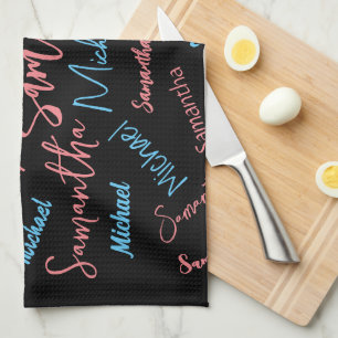 Two names couples pattern monogram blue light pink tea towel