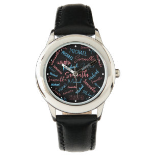 Two names couples pattern monogram blue light pink watch