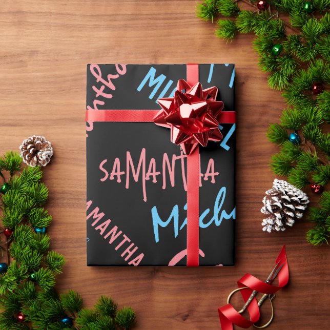Two names couples pattern monogram blue light pink wrapping paper (Holiday Gift)