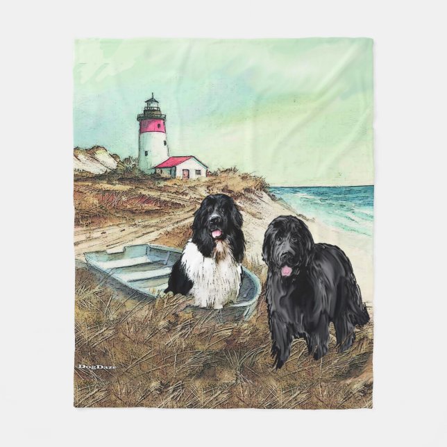Two Newfs and Boat Fleece Blanket (Front)