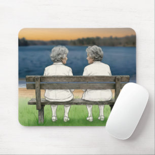 Two Old Ladies Chatting on a Bench Mouse Pad