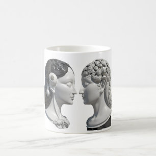 two opposite head elements of brain and heart coffee mug