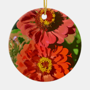 Two orange zinnia flowers in bloom ceramic tree decoration