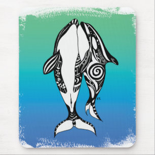 Two Orca Whales Teal Blue Brushed Tribal Mouse Pad